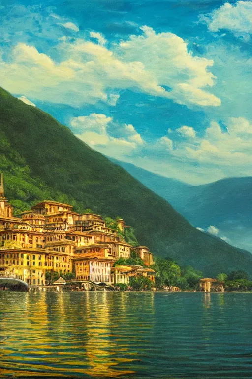 Image similar to Highly detailed oil painting of Lake Como, photorealistic, wide shot, daylight, blue sky, summer, dramatic lighting, award winning, highly detailed, medium format photography, cinestill 800t.