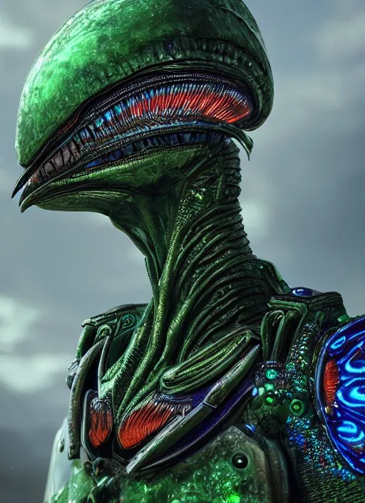 Prompt: alien in peacock armor, realistic details, cinematic lighting, 8K HD