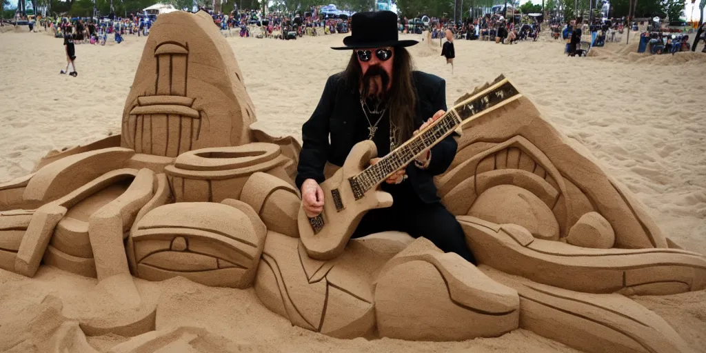 Prompt: masterfully crafted sand sculpture of a lemmy kilmister from motorhead at the playground's sandbox