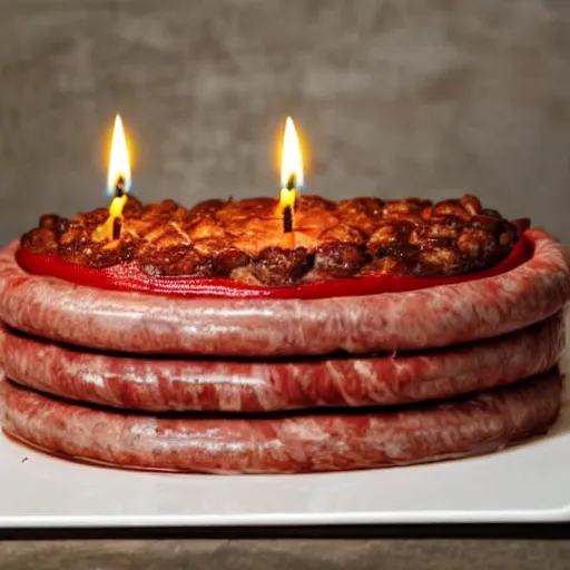 Prompt: birthday cake made entirely of meat and sausages and a candle in the middle