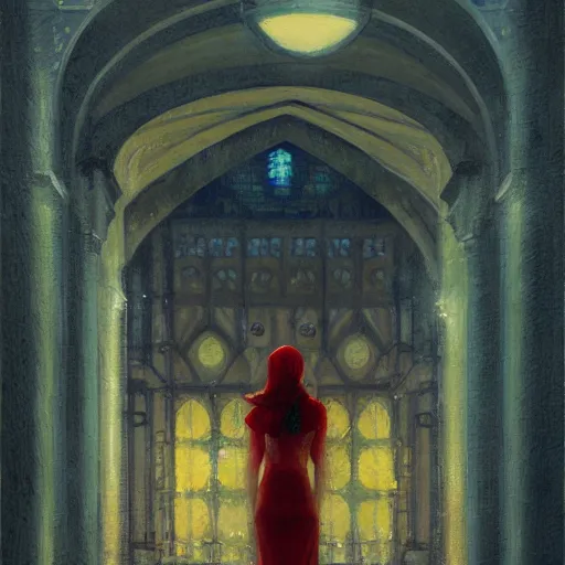 Prompt: detailed face of a woman, moment, courtyard, capital, cyberpunk mosque interior, control panel, watcher, omniscient, tech noir, wet reflections, impressionism, atmospheric, ambient, speed painting, livia prima, greg rutkowski, edward hopper