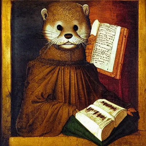 Image similar to Painting of an otter wearing nobleman's robes, holding a prayer book in a chapel, by Leonardo Da Vinci