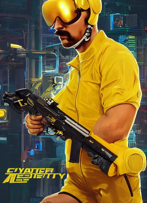 Image similar to mustached athlete in yellow jumpsuit. cyber dude firing a futuristic red automatic pistol with huge magazine. ad for pistol. cyberpunk poster by james gurney, azamat khairov, and alphonso mucha. artstationhq. gorgeous face. painting with vivid color, cell shading. ( rb 6 s, cyberpunk 2 0 7 7 )