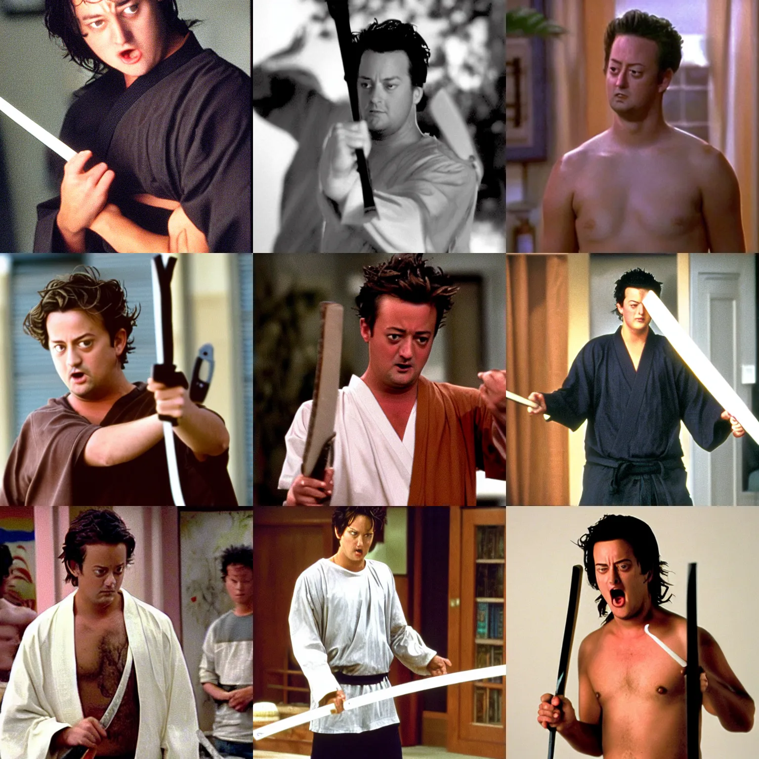 Prompt: young matthew perry extremely angry wearing nothing but white y - fronts holding a samurai sword, holding a samurai sword above his head,'friends'9 0 s tv show screenshot