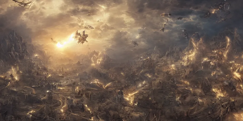 Image similar to God's Angels and Cherubs in a war against a singular collosal futuristic machine, tilt shift, realistic 4k octane beautifully detailed render, 4k post-processing, highly detailed, intricate complexity, epic composition, magical atmosphere, cinematic lighting, masterpiece, ultra hd