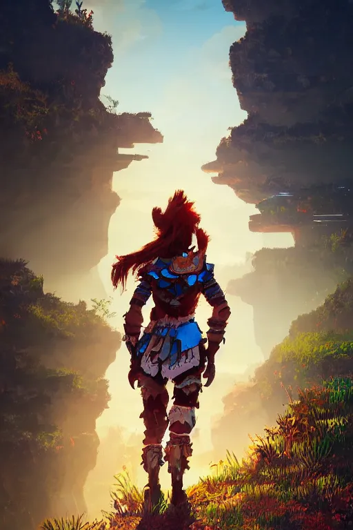 Image similar to combination suit armor aloy horizon forbidden west horizon zero dawn radiating a glowing aura global illumination ray tracing hdr fanart arstation by ian pesty and alena aenami artworks in 4 k tribal robot ninja mask helmet backpack