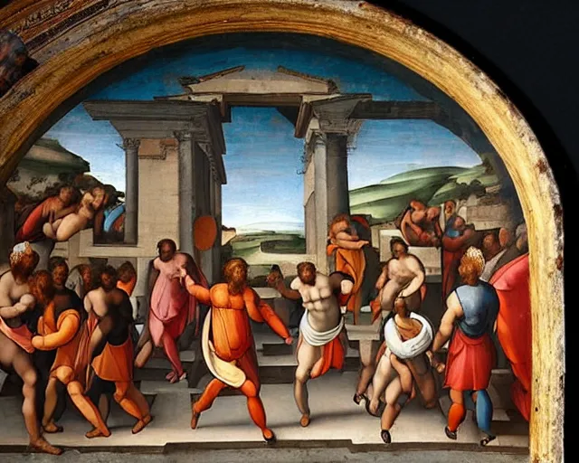 Image similar to “people in ancient greek clothes playing football, landscape zoomed out, renaissance painting by Michelangelo, 8k, hyperdetailed, ultra detail, UHD, high quality”