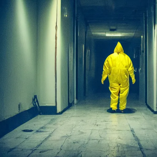 Image similar to a man wearing a yellow hazmat suit inside the very dark lighting empty unsettling creepy backrooms, liminal space, eerie mood, horror movie scene