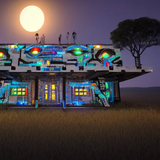 Image similar to cybernetic futuristic ndebele homestead seen from the front, highly detailed, octane rendered, night scene