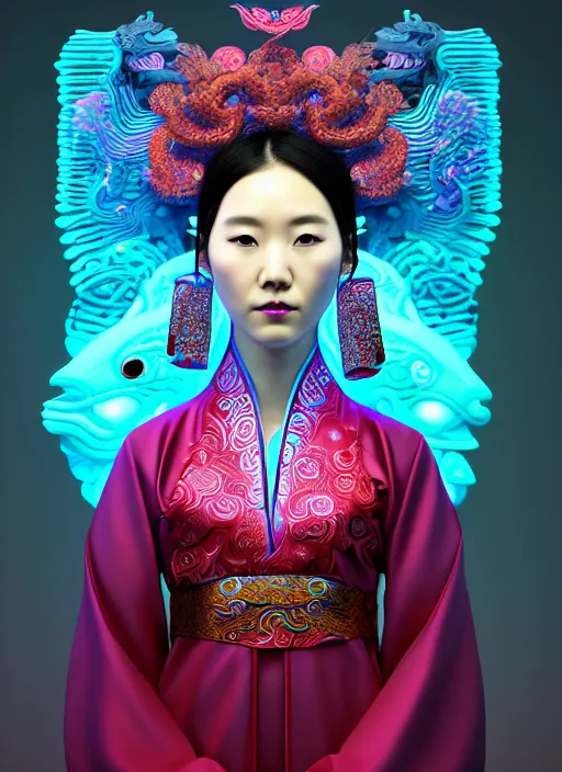 Image similar to 3 d goddess medium shot profile portrait. beautiful intricate highly detailed korean gumiho mask and traditional korean hanbok. stingray, magpie, bioluminescent, plasma, lava, ice, water, wind, creature, fog, artwork by tooth wu and wlop and beeple and greg rutkowski, in the style of hudson river school,