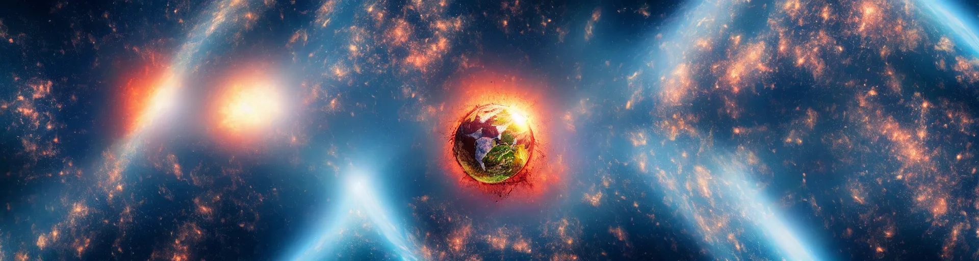 Image similar to Earth exploding seen from the reflect of an astronaut's suit in the space, realistic, detailed, colourful, dramatic, 8K