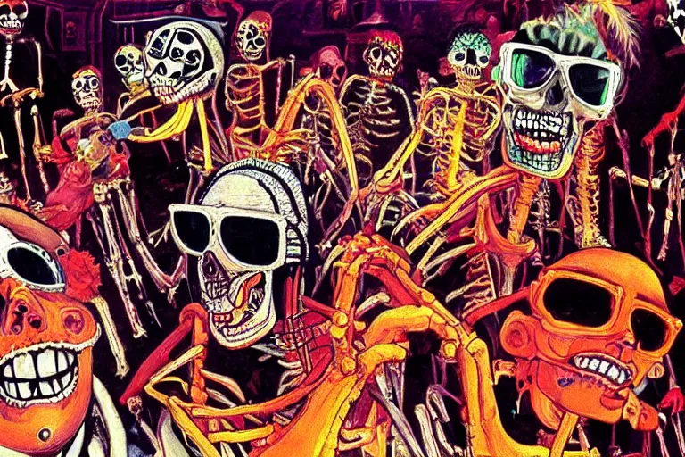 Image similar to scene from fear and loathing in las vegas, day of the dead, cyber skeleton, neon painting by otto dix