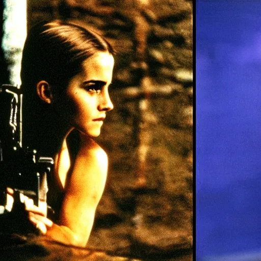 Image similar to film still, extreme far view, emma watson vietnam door gunner, film still from apocalypse now ( 1 9 7 9 ), 2 6 mm, kodak ektachrome, blue tint expired film,