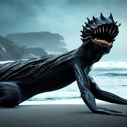 Image similar to a stunning cinematic wide shot of a beautiful confused slick sleek smooth humanoid sea monster wearing clothes made of seaweed on a dark stormy beach, well designed perfect with slick led eyes, sharp claws, cgsociety, hd octane render, fantasy, furry art, artstation, deviantart, furaffinity, very very clean