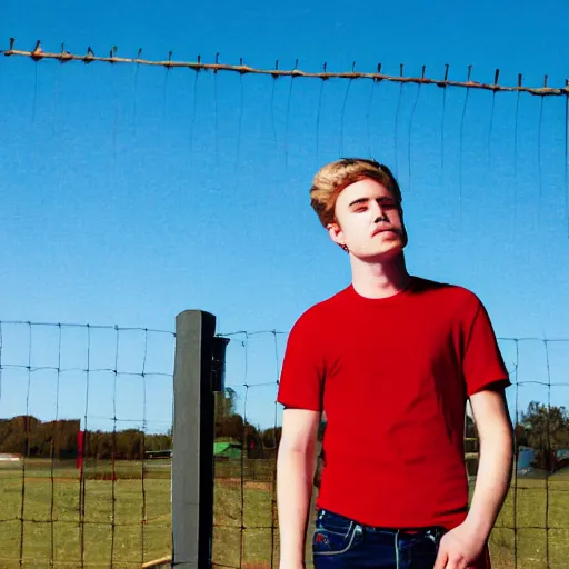 Image similar to young white guy in a red bandana staring at a blue sky with a fence in the background, photo, photoshoot, detailed