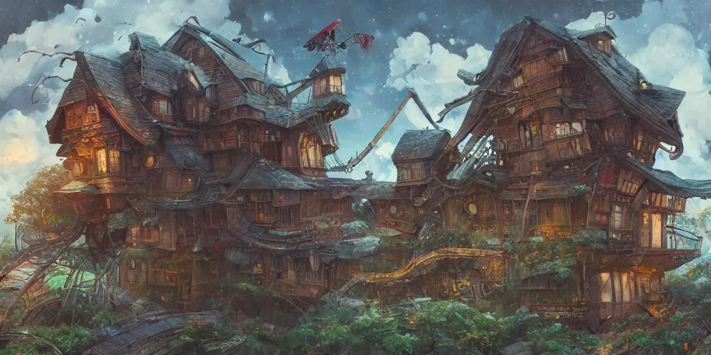 Image similar to a house with mechanical legs, Baba Yaga, cinematic angle, studio Ghibli, volumetric lighting, bold, beautiful composition, intricate, elegant, digital art, detailed oil painting, hyperrealistic, sharp focus, 8k