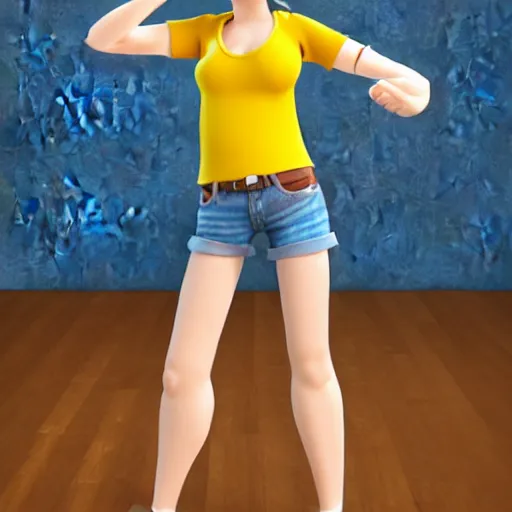 Image similar to 3 d render, portrait, upper body shot, mid shot, anthropomorphic mouse, female, wearing denim short shorts and a off yellow tank top shirt, in the style of flushed away