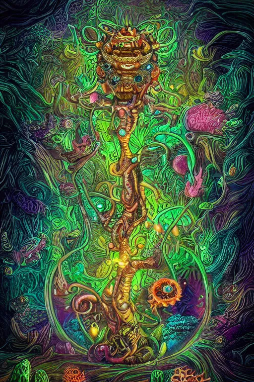 Image similar to creature sushi roots cactus elemental flush of force nature micro world fluo light deepdream a wild amazing steampunk baroque ancient alien creature, intricate detail, colorful digital painting radiating a glowing aura global illumination ray tracing