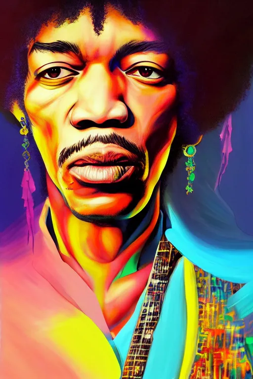 Prompt: jimi hendrix, photorealistic face 4 k digital paint by studio ghibli hayao miyazaki. vivid colours, vaporwave lighting style, very sharp and detailed. trending on artstation and behance.