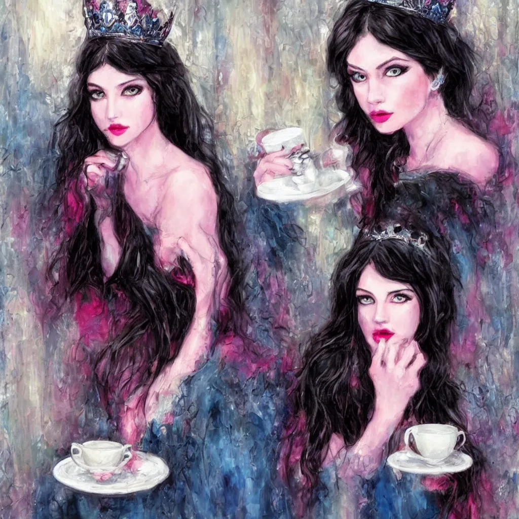 Prompt: beautiful young dark haired girl, with blue eyes, pink lips, dark eye shadow, lois royo style, dark princess of coffee, sitting on a throne drinking coffee.