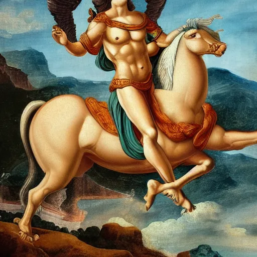 Image similar to painting of Centaur and Pegasus at the Acropolis, Greek gods, Zeus, Poseidon, Aphrodite, intricate, high detail, sensual, in the style of Michaelangelo