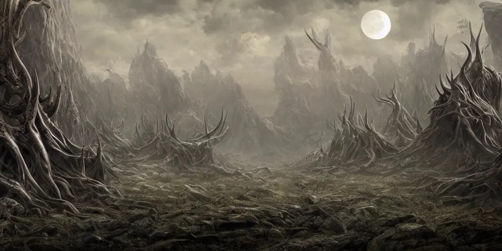 Prompt: a highly detailed matte painting of a nightmare landscape of colossal dark gray stone antler roots under two moons, 8 k hd, concept art, artstation, deviantart, cg society,