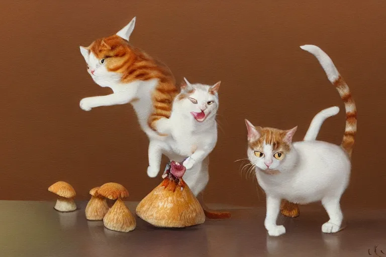 Prompt: a high detail paint of Two cats dancing with a mushroom, in simple background, concept art, mad painting