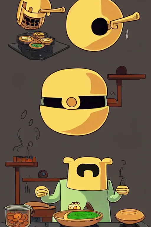 Image similar to mf doom making pancakes in style of adventure time, animation pixar style, by ( ( ( pendleton ward ) ) ), magali villeneuve, artgerm, rob rey and kentaro miura style, golden ratio, trending on art station