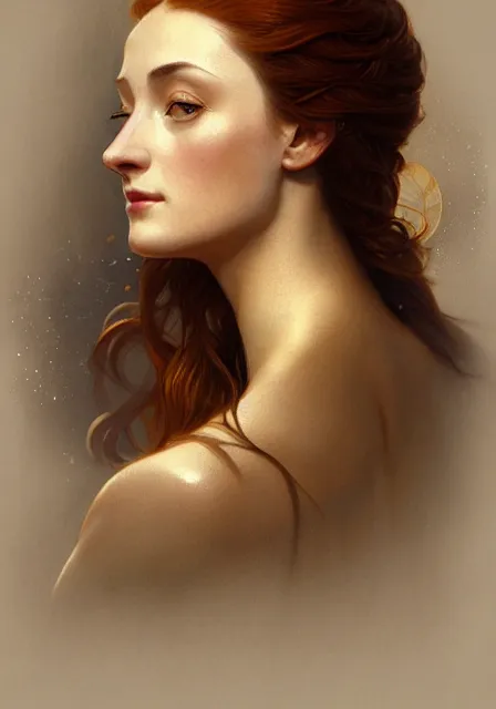 Image similar to sansa stark gold sunny lights, intricate, elegant, highly detailed, digital painting, artstation, concept art, smooth, sharp focus, illustration, art by artgerm and greg rutkowski and alphonse mucha and william - adolphe bouguereau