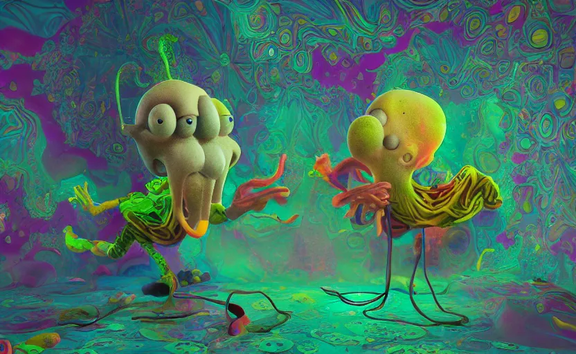 Prompt: squidward taking an acid trip, digital painting, octane render, psychedelic, intricate detail, highly detailed