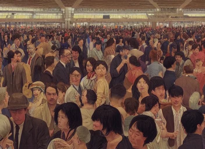 Prompt: people interior airport, crowd of people, portrait face, in the style of peter ferguson, frantisek kupka, intricate, miles johnston, kuroda seiki, cynical realism, ozabu, john william godward, painterly, yoshitaka amano, moebius, miles johnston, louise zhang, james jean