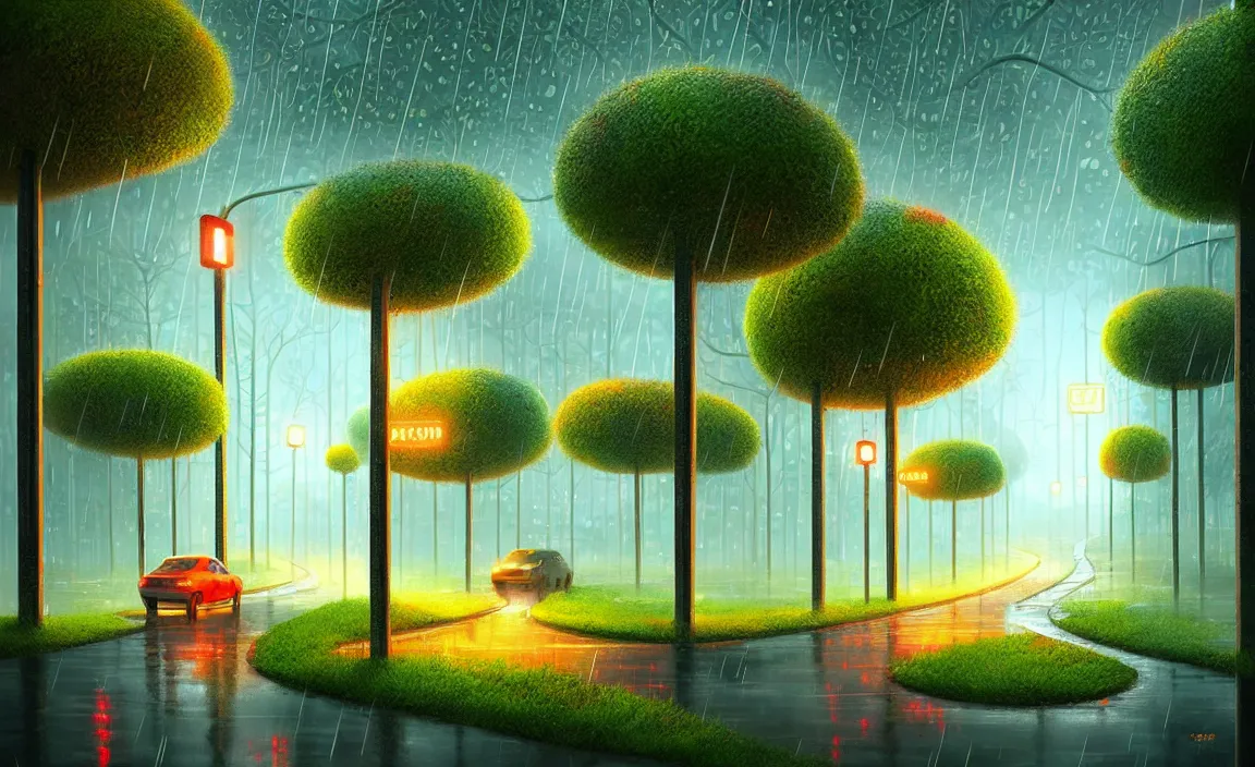 Image similar to Beautiful city of the future, overgrown with trees and plants. Raining at night with light pole illuminate the patch, Nice colour scheme, warm colour. Beautiful artistic digital artwork by artist Lurid. (2022), Gediminas Pranckevicius