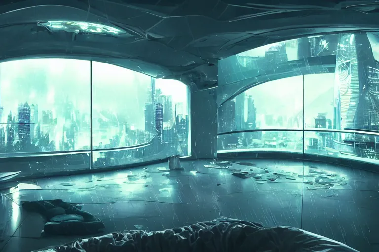 Image similar to a futuristic bedroom with large curved ceiling high windows looking out to a far future cyberpunk cityscape, cyberpunk neon lights, raining, scifi