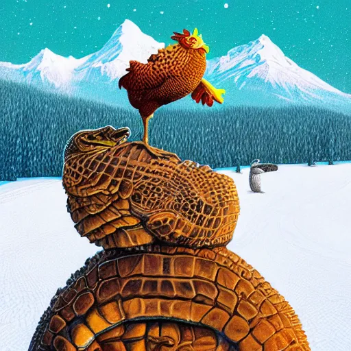 Image similar to a chicken riding a snowboard made of crocodiles by Mike Winkelmann Casey Weldon Ron Walotsky, beautiful aesthetic, trending on behance, digital illustration, custom brush, good art, perception of value