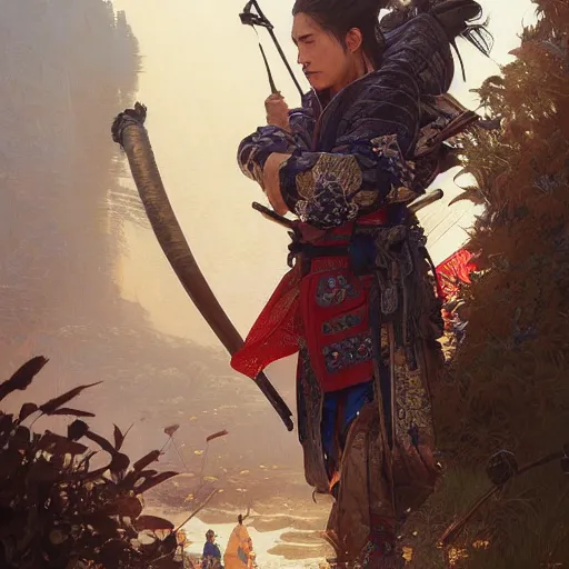 Image similar to Highly detailed portrait of Kurdish samurai, Stephen Bliss, unreal engine, fantasy art by Greg Rutkowski, Loish, Rhads, ferdinand knab, Makoto Shinkai and Lois van baarle, ilya kuvshinov, rossdraws, Tom Bagshaw, alphonse mucha, global illumination, radiant light, detailed and intricate environment, highly detailed, award winning art