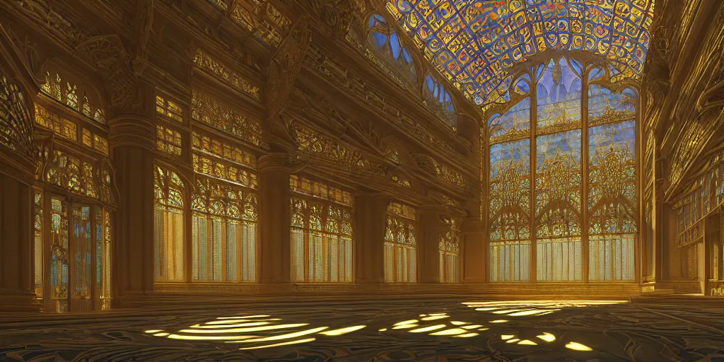 Prompt: beautiful interior render of a huge divine kingdom palace, symmetric, dazzling light beam penetrated through the window, the style of louis comfort tiffany, pascal blanche, andreas rocha, paul pepera, raphael lacoste, scene render, perfect shadow, exquisite, hyper detailed, gradient, fine structure texture, unreal engines, atmospheric lighting, 4 k hd