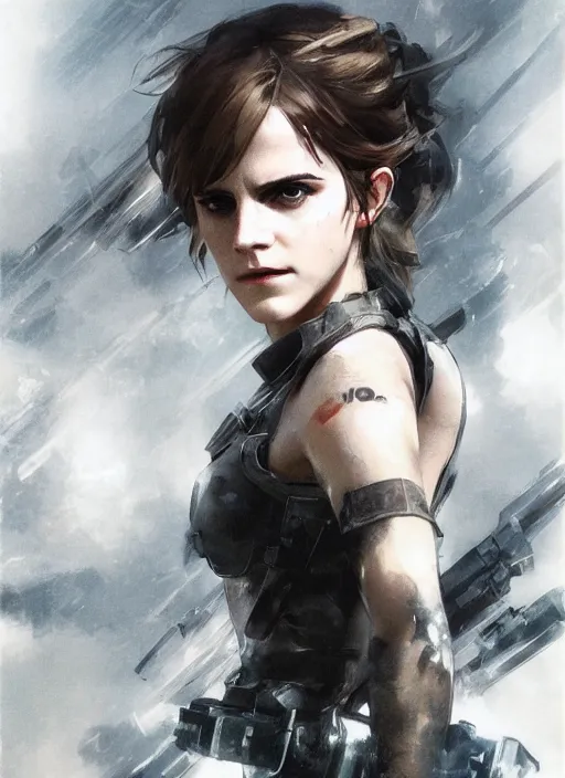 Image similar to emma watson wearing metal gear armor dramatic lighting cinematic cinematic lighting art by Richard Schmid by Yoji Shinkawa by greg rutkowski