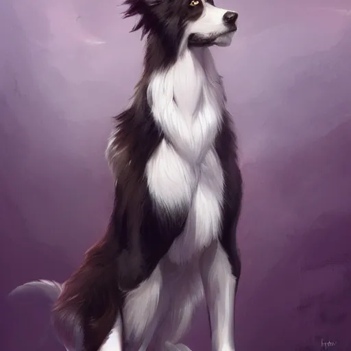 Image similar to wide angle beautiful full body portrait of a strong male anthropomorphic anthro border collie fursona, character design by charlie bowater, henry asencio, and ross tran, furry art, furaffinity, beautiful, glamor pose, detailed, aesthetic, trending on artstation