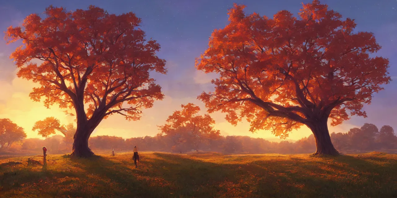 Image similar to a beautiful, stunning landscape with a giant oak tree in the fall sunset by makoto shinkai syd meade simon stalenhag environment