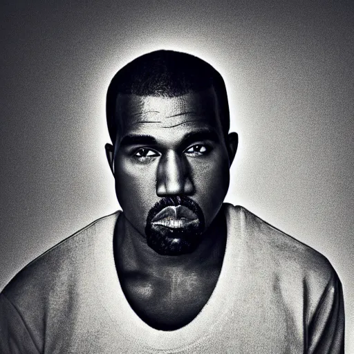 Image similar to the face of kanye west wearing yeezy clothing at 3 8 years old, portrait by julia cameron, chiaroscuro lighting, shallow depth of field, 8 0 mm, f 1. 8