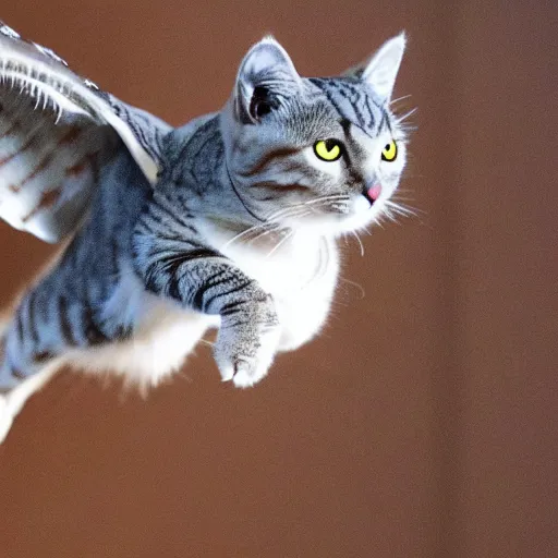 Prompt: cat and owl hybrid in flight