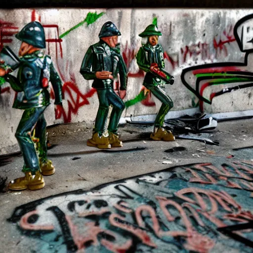 Image similar to toy soldiers fighting in an abandoned graffiti subway