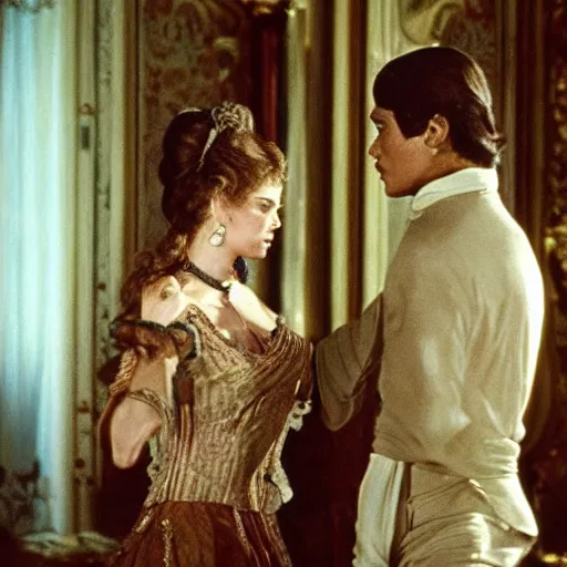 Image similar to ballroom scene from the leopard by luchino visconti with alain delon and claudia cardinale set in the 1 9 th century in an italian villa. technicolor!!!!, highly intricate, 5 0 mm