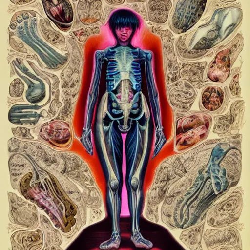 Image similar to ghost in the shell, highly detailed labeled medical anatomy poster, anatomical drawing on poster paper with notes, extra beautiful colorful full page antique lithograph of artnouveau borders and designs, muted colors, parchment paper, art print, well - lit, ray tracing, horror, eldritch abomination, hyper realistic, 8 k post - processing