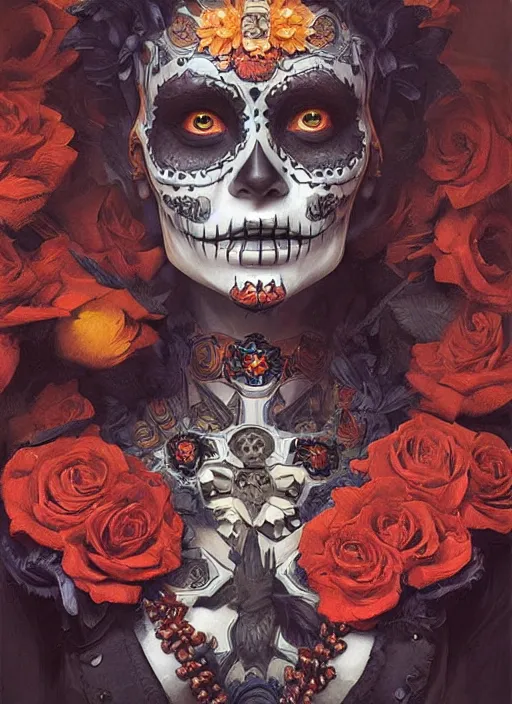 Image similar to digital _ painting _ of _ dia de los muertos _ by _ filipe _ pagliuso _ and _ justin _ gerard _ symmetric _ fantasy _ highly _ detailed _ realistic _ intricate _ port