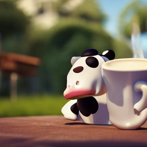 Prompt: cute cow drinking a cup of coffee, 3d render by Pixar