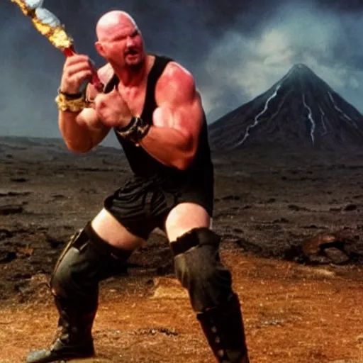 Image similar to stone cold steve austin destroying the one ring in mt. doom