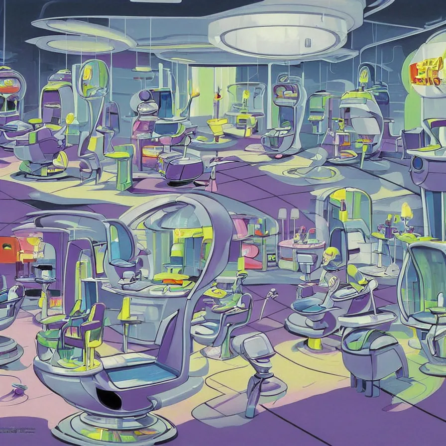 Prompt: concept art of jetsons cartoon scenario of a futuristic hair salon, painted by tim white