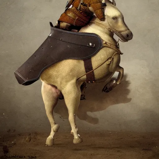 Image similar to fat armoured dog riding a horse