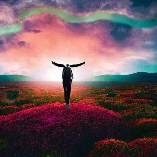 Image similar to A picture of a planet of various colors and plants, in which the human figure is dressed in something magical and impressive, inside the picture is infinity, sunset light, Atmospheric phenomenon, artistic photography, muted colors, conceptual